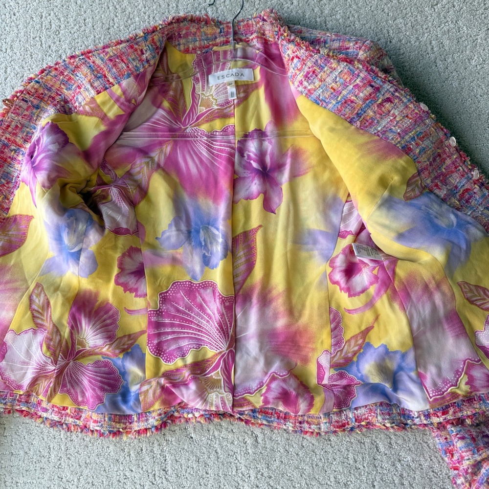 Escada Tweed Blazer Womens 36 Multi Pink Fringed Wool Silk Lined Jacket - Picture 15 of 16